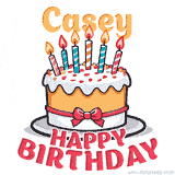 Cartoon birthday cake with a red bow, glowing candles, and 'Casey Happy Birthday' text in bold animated style.