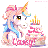 An adorable animated unicorn with soft pastel colors sits beside a birthday cake with glowing candles, and a pink 'Happy Birthday Casey!' words.