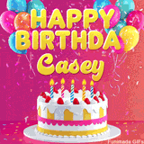 Pink-themed animated greeting with balloons, confetti, and a frosted cake under the message 'Happy Birthday Casey' in bold rounded yellow font.