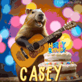 Animated birthday GIF showing a capybara playing guitar and singing beside a birthday cake with the name Casey in large letters and colorful bokeh lights in the background.