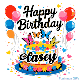 An animated birthday card for Casey. It features a festive cake with her name, 'Casey', and colorful butterflies. Floating balloons and hearts complete the joyful scene.