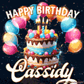 Hand-drawn happy birthday cake adorned with an arch of colorful balloons - name GIF for Cassidy