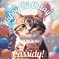 Happy birthday gif for Cassidy with cat and cake