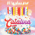 Personalized for Catalina elegant birthday cake adorned with rainbow sprinkles, colorful candles and glitter
