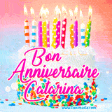 A white birthday cake covered in colorful sprinkles, topped with bright candles, and French text 'Bon Anniversaire Catarina' on a pastel gradient background in an animated GIF.