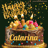 A delightful chocolate birthday cake with bright candles and 'Happy Birthday Catarina' written in gold amidst a shower of animated stars.