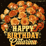 Animated bouquet of orange roses with moving butterfles and golden 'Happy Birthday Catarina' text, surrounded by sparkling accents and a dark backdrop for a luxurious feel.