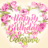 A stunning heart made of pink roses surrounds the elegant script text 'Happy Birthday Catarina' on a soft beige background. Animated sparkles add a magical and festive feel.