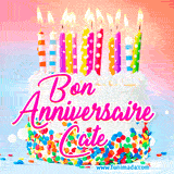 A white birthday cake covered in colorful sprinkles, topped with bright candles, and French text 'Bon Anniversaire Cate' on a pastel gradient background in an animated GIF.