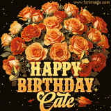 Animated bouquet of orange roses with moving butterfles and golden 'Happy Birthday Cate' text, surrounded by sparkling accents and a dark backdrop for a luxurious feel.