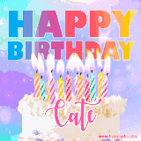 A vibrant animated name GIF with the words 'Happy Birthday Cate' with colorful candles on a creamy cake. The background sparkles with pastel shades, adding a festive touch.