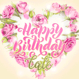 A stunning heart made of pink roses surrounds the elegant script text 'Happy Birthday Cate' on a soft beige background. Animated sparkles add a magical and festive feel.