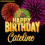 A golden 'Happy Birthday Cateline' message with vibrant fireworks in the background, creating a festive and celebratory vibe in this animated name GIF.