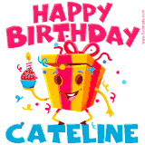 A vibrant and funny gift box character with a happy face dancing with a cupcake and the text 'Happy Birthday Cateline,' surrounded by animated confetti and party vibes.