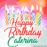 Bright birthday candles with rainbow flames on a cake, alongside the text 'Happy Birthday Caterina' in vibrant script in this celebratory animated GIF.