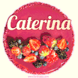 Beautifully decorated red velvet berry birthday cake with vibrant fruits and a glowing 'Caterina' name, adding a touch of sweetness and sparkle.