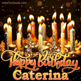 A glowing personalized birthday GIF with name Caterina featuring lit candles with intricate designs, warm lighting, and the text 'Happy Birthday' in an elegant font.