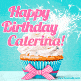 A festive cupcake with pink icing, a gingham bow, and a lit animated sparkler, paired with 'Happy Birthday Caterina!' in bright pink text.