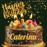A delightful chocolate birthday cake with bright candles and 'Happy Birthday Caterina' written in gold amidst a shower of animated stars.