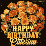 Animated bouquet of orange roses with moving butterfles and golden 'Happy Birthday Caterina' text, surrounded by sparkling accents and a dark backdrop for a luxurious feel.