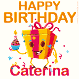A vibrant and funny gift box character with a happy face dancing with a cupcake and the text 'Happy Birthday Caterina,' surrounded by animated confetti and party vibes.