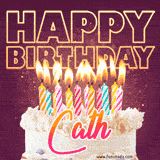 A colorful birthday cake topped with lit candles, with the words 'Happy Birthday Cath' in bold glowing letters on a burgundy background. Animated flames add a festive touch.