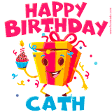 A vibrant and funny gift box character with a happy face dancing with a cupcake and the text 'Happy Birthday Cath,' surrounded by animated confetti and party vibes.