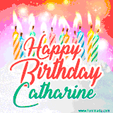 Bright birthday candles with rainbow flames on a cake, alongside the text 'Happy Birthday Catharine' in vibrant script in this celebratory animated GIF.