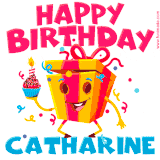 A vibrant and funny gift box character with a happy face dancing with a cupcake and the text 'Happy Birthday Catharine,' surrounded by animated confetti and party vibes.