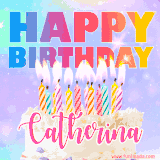 A vibrant animated name GIF with the words 'Happy Birthday Catherina' with colorful candles on a creamy cake. The background sparkles with pastel shades, adding a festive touch.