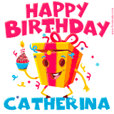 A vibrant and funny gift box character with a happy face dancing with a cupcake and the text 'Happy Birthday Catherina,' surrounded by animated confetti and party vibes.