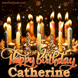 A glowing personalized birthday GIF with name Catherine featuring lit candles with intricate designs, warm lighting, and the text 'Happy Birthday' in an elegant font.