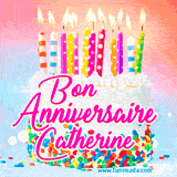 A white birthday cake covered in colorful sprinkles, topped with bright candles, and French text 'Bon Anniversaire Catherine' on a pastel gradient background in an animated GIF.
