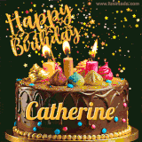 A delightful chocolate birthday cake with bright candles and 'Happy Birthday Catherine' written in gold amidst a shower of animated stars.