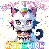 Adorable party-themed animated cat next to a lit birthday cake with text that says 'Happy Birthday Catherine,' surrounded by colorful decorations and sparkles.