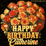 Animated bouquet of orange roses with moving butterfles and golden 'Happy Birthday Catherine' text, surrounded by sparkling accents and a dark backdrop for a luxurious feel.