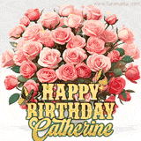 Golden 'Happy Birthday Catherine' text beneath a vibrant bouquet of orange roses, complete with glittering butterflies and sparkling details.
