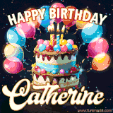 Bright birthday animation for Catherine with a chocolate cake, candles, balloons, and glowing celebratory lights.