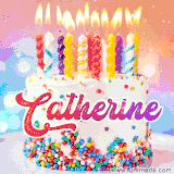 A cheerful white birthday cake with multicolor sprinkles, lit candles, and 'Catherine' written in vibrant letters, in an animated GIF.