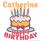 Cartoon birthday cake with a red bow, glowing candles, and 'Catherine Happy Birthday' text in bold animated style.