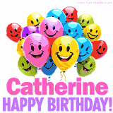 Animated colorful and joyful birthday balloons with cheerful smiles and a bright 'Happy Birthday Catherine!' message in pink and purple.