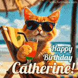 An animated orange cat wearing sunglasses, sitting on a beach chair with a tropical drink, with a festive 'Happy Birthday Catherine!' message.