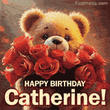 Cinematic style cute animated teddy bear with charming features holding a large bouquet of red roses, the words say 'Happy Birthday Catherine' in sans serif font.