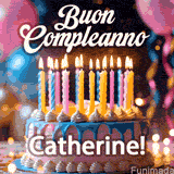 Birthday cake topped with pink and yellow lit candles, surrounded by glowing bokeh lights and party balloons. The greeting 'Buon Compleanno Catherine GIF!' is displayed.