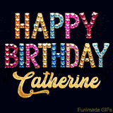 Vibrant luxury birthday greeting card for Catherine, showing glittering gemstone letters and golden calligraphy on a dark background with twinkling shine effects.