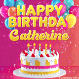 Pink-themed animated greeting with balloons, confetti, and a frosted cake under the message 'Happy Birthday Catherine' in bold rounded yellow font.