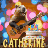 Animated birthday GIF showing a capybara playing guitar and singing beside a birthday cake with the name Catherine in large letters and colorful bokeh lights in the background.