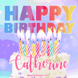 A vibrant animated name GIF with the words 'Happy Birthday Catherine' with colorful candles on a creamy cake. The background sparkles with pastel shades, adding a festive touch.