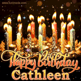 A glowing personalized birthday GIF with name Cathleen featuring lit candles with intricate designs, warm lighting, and the text 'Happy Birthday' in an elegant font.