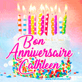A white birthday cake covered in colorful sprinkles, topped with bright candles, and French text 'Bon Anniversaire Cathleen' on a pastel gradient background in an animated GIF.